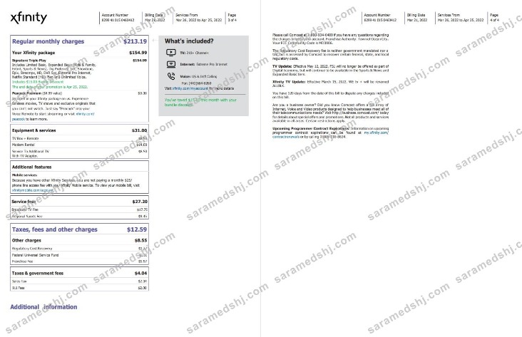 USA Philadelphia Xfinity utility bill Word and PDF template, 4 pages 3 4